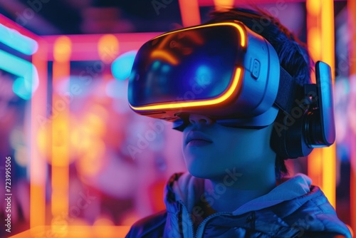 Boy using VR Virtual Reality headset in rainbow colorful cyberpunk