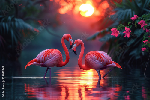 Romantic Flamingos at Sunset lake  © AI Exclusive 