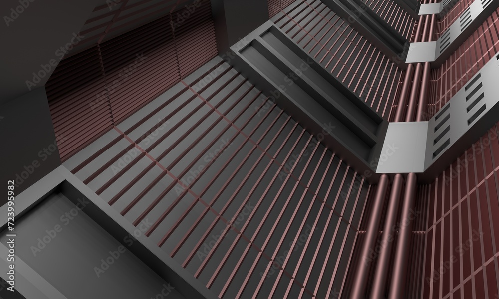 Fototapeta premium Dark red and gray sci-fi tunnel with angle. 3d render, 3d illustration.