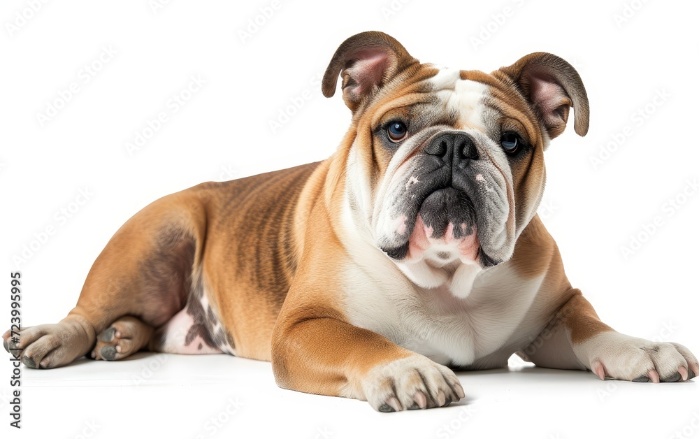 An adorable Bulldog lying calmly, its wrinkled face and expressive eyes beautifully isolated against a white background.