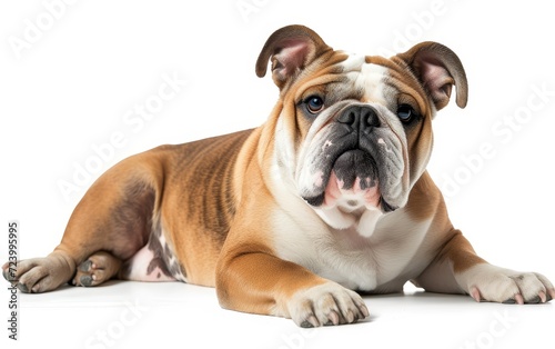 An adorable Bulldog lying calmly, its wrinkled face and expressive eyes beautifully isolated against a white background. © Artsaba Family
