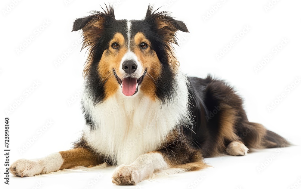 Adorable and beautiful fluffy collie dog lies isolated on a white background.