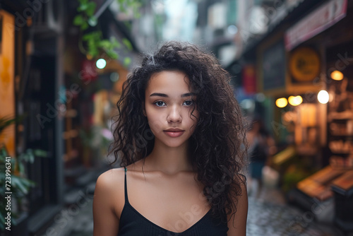 Street portrait of attractive hispanic girl with curly hair 