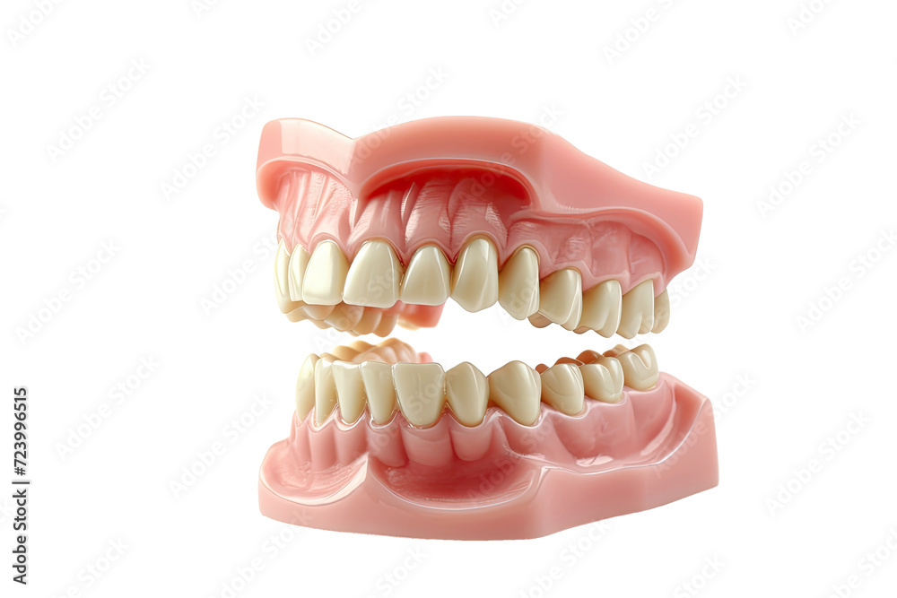 Obraz premium Full Dentures with teeth, gum and bone for preserves isolated on transparent png background, fake teeth in dentistry, medicine and prosthesis.