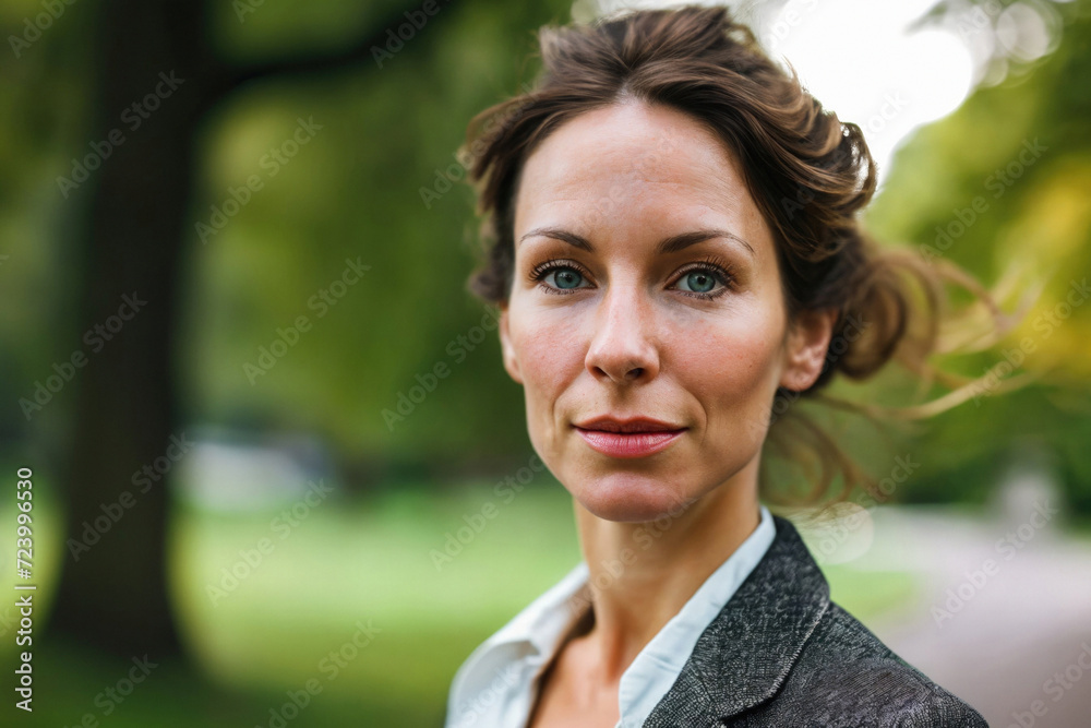 A serene businesswoman enjoys a moment of tranquility in a park, her portrait capturing the balance between professional life and nature's calm A serene businesswoman enjoys a moment of tranquility in a park, her portrait capturing the balance between professional life and nature's calm
