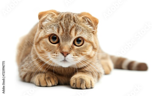 An adorable Scottish Fold cat lying calmly, its unique folded ears and soft fur beautifully isolated against a white background.