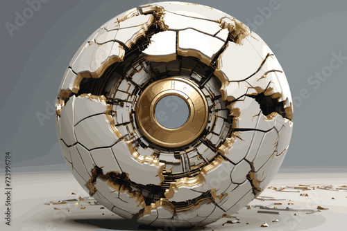 Dark destruction cracked hole in white stone wall. 3d render illustration