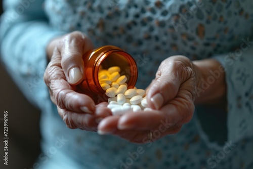 Elderly sick woman pours capsules from medicine bottle Take painkiller supplements Concept of pharmaceutical medical care