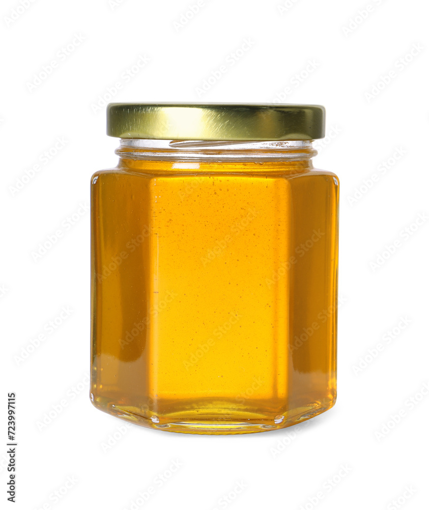 Tasty natural honey in glass jar isolated on white Tasty natural honey in glass jar isolated on white