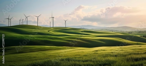 Wind turbines on green rolling hills under a cloudy sky, showcasing natural beauty and renewable energy.