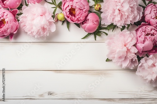 Pink peonies on white rustic wooden background
