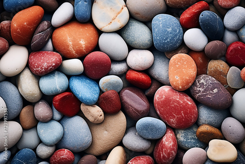 Colorful pebbles background. colorful pebbles on the beach, closeup of photo. Colorful beach stone background, red stones, green stones, pink stones, rocks on the beach photo background, volcanic
