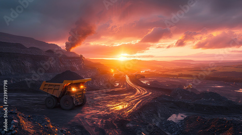  Large mining truck driving in a mine at sunset.