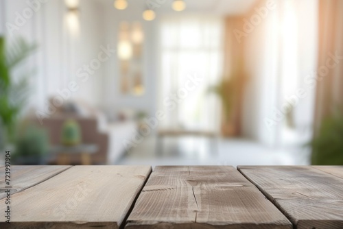 Empty table with abstract blurred background. A minimalist living room with a blurry interior for displaying products. photo