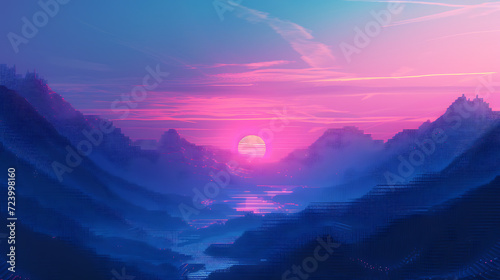  the essence of a futuristic twilight with a gradient of magenta, blue, and purple, enhanced by a pixelated grainy texture
