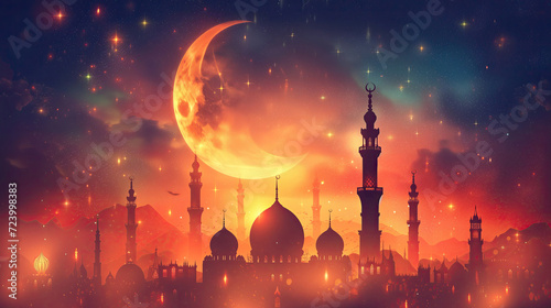 A fantastical depiction of a mosque with a glowing crescent moon in a starry night sky.