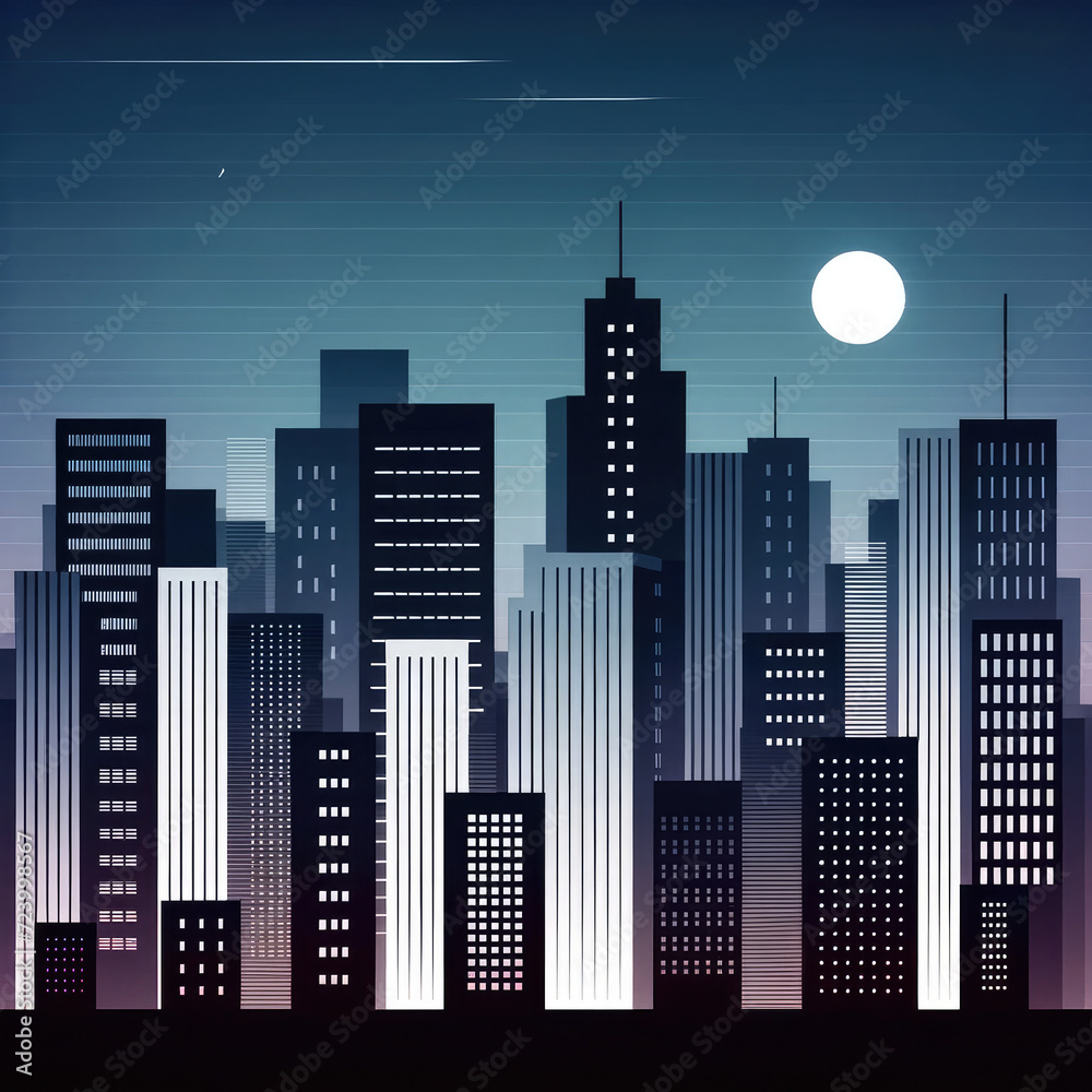 A graphic representation of a city skyline at night with a glowing moon.