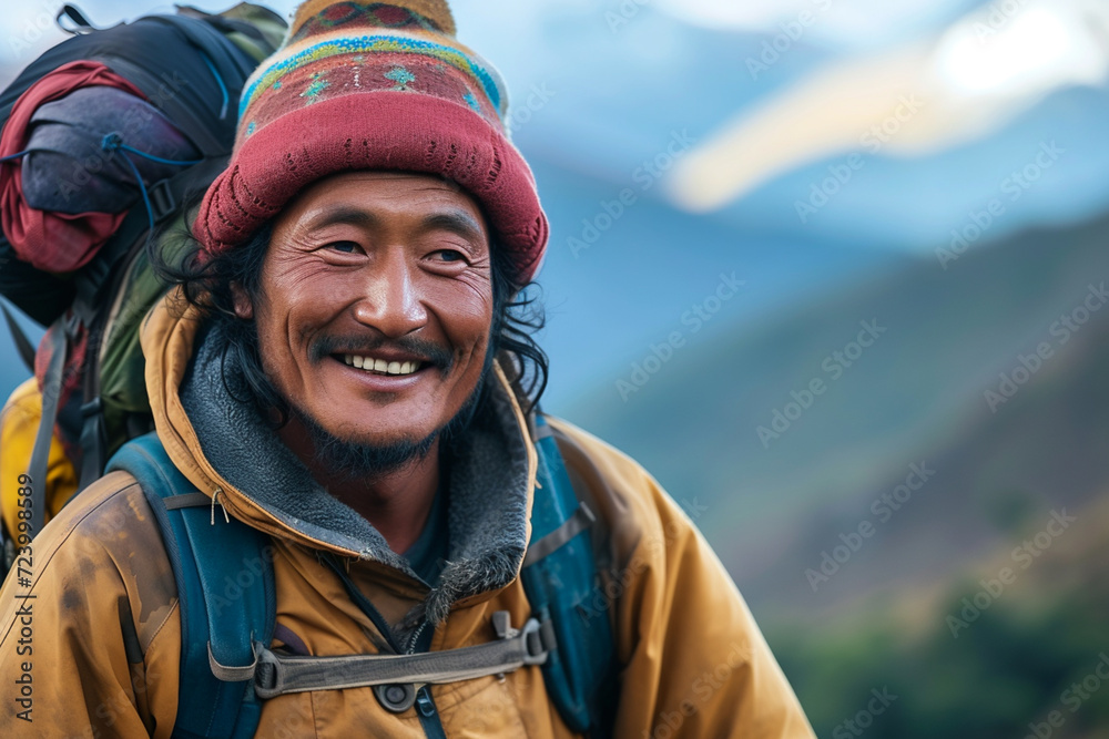 Portrait of hiker or climber smiling during mountain climb Portrait of hiker or climber smiling during mountain climb