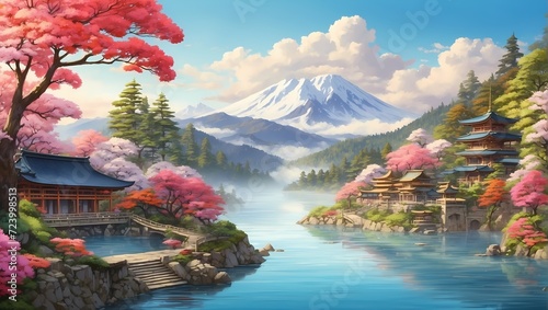 Beautiful mountain and cherry blossoms.Generative AI photo