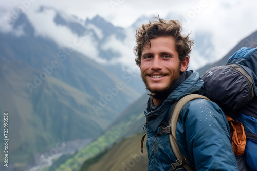 Portrait of hiker or climber smiling during mountain climb