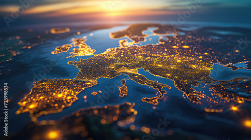 Glowing city lights of Europe seen from a satellite perspective during night time.