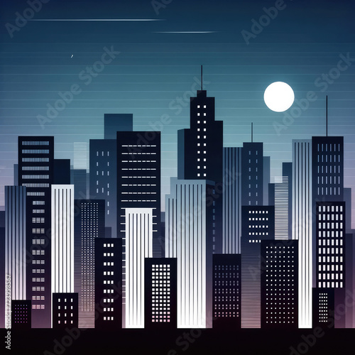 A graphic representation of a city skyline at night with a glowing moon. © Tiz21