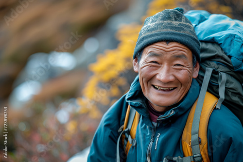 Portrait of hiker or climber smiling during mountain climb © Artofinnovation