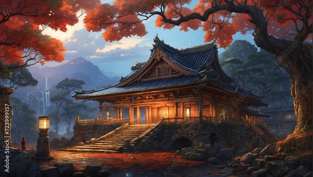 Obraz premium Beautiful Nighttime serenity envelops the ancient Chinese Temple of Heaven, nestled in a tranquil park, blending history, tradition, and architectural beauty under the Asian sky.Generative AI