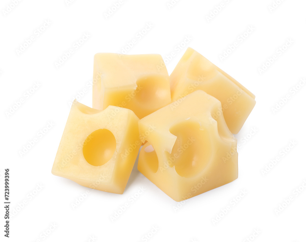 Cubes of delicious cheese isolated on white