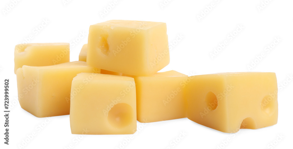 Cubes of delicious cheese isolated on white Cubes of delicious cheese isolated on white