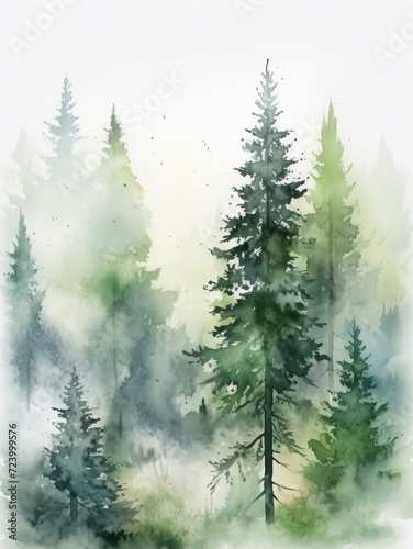 Watercolor Forest tree illustration, Woodland pine trees, Green Forest landscape, holiday, card, poster, print, transparent background, new year, generative AI