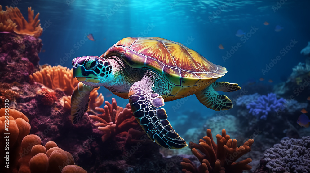 Obraz premium Green sea turtle swimming in a tropical coral reef. Marine life. Green sea turtle swimming in the deep blue ocean. Sea tortoise. 