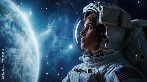 Astronaut woman in spacesuit in outer space photo