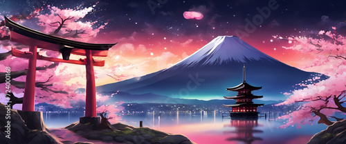 Colorful Vibrant Anime Torii Gate Japanese Landscape with Sakura and Galactic Sky Ultrawide Background