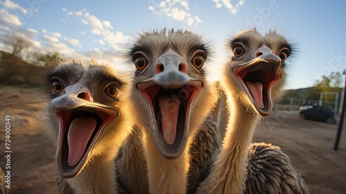 ostriches making selfie on farm. © Алина Бузунова