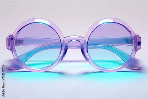 Glasses on a white background. Sunglasses highlighted on a white background. purple round plastic glasses. A fashionable modern eyeglass accessory