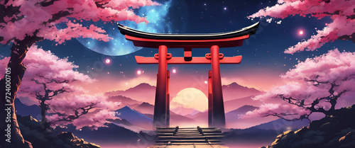 Colorful Vibrant Anime Torii Gate Japanese Landscape with Sakura and Galactic Sky Ultrawide Background