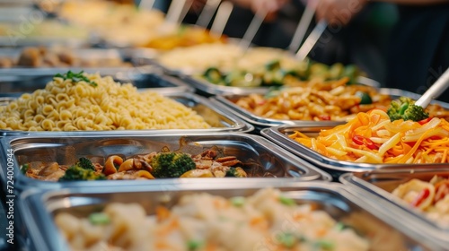 A variety of delicious, freshly prepared pasta and stir-fry dishes displayed in a buffet setting.