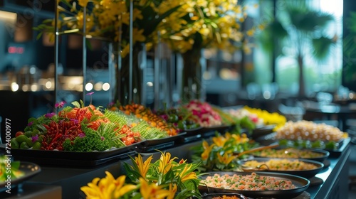 A vibrant buffet with fresh salads, colorful vegetables, and flowers in a modern, naturally lit restaurant.