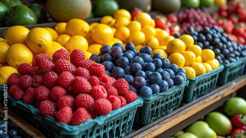 A colorful display of fresh fruit., Baskets filled with a variety of fruits., An assortment of berries and citrus fruits., Fresh produce at the market, ready to be picked up by customers..