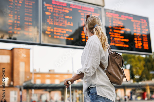 Woman passenger is checking arrival and departure board schedule timetable at train or bus station. Solo travel on vacation photo