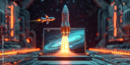 Space Rocket Launching from Laptop Concept.