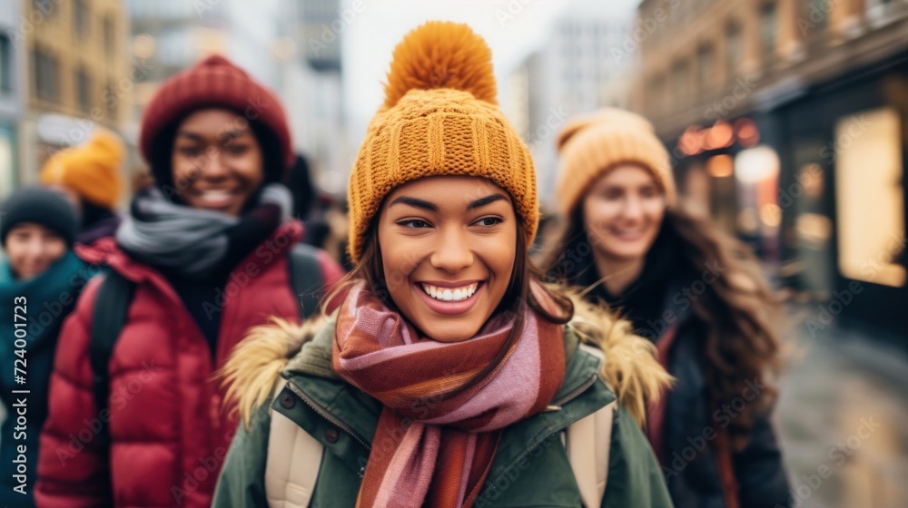 Diverse Group of Multi-Racial Friends Walking Down a City Street Generative AI Diverse Group of Multi-Racial Friends Walking Down a City Street Generative AI