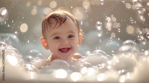 A young boy with a joyful smile sits in a bathtub filled with bubbles, surrounded by the comfort and warmth of an indoor bath, creating a charming portrait of a happy toddler