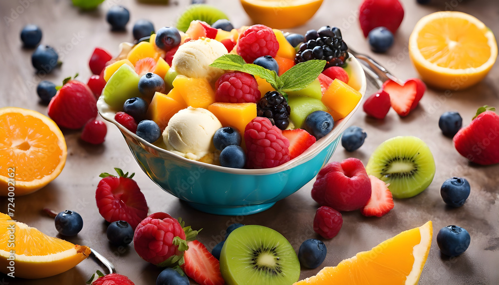 Irresistible Fruit Salad Delight: Topped with Delicious Ice Cream Irresistible Fruit Salad Delight: Topped with Delicious Ice Cream