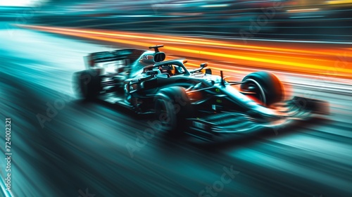 An adrenaline-fueled openwheel race car speeds around the track, its tires gripping the road as it competes in the thrilling world of motorsport photo