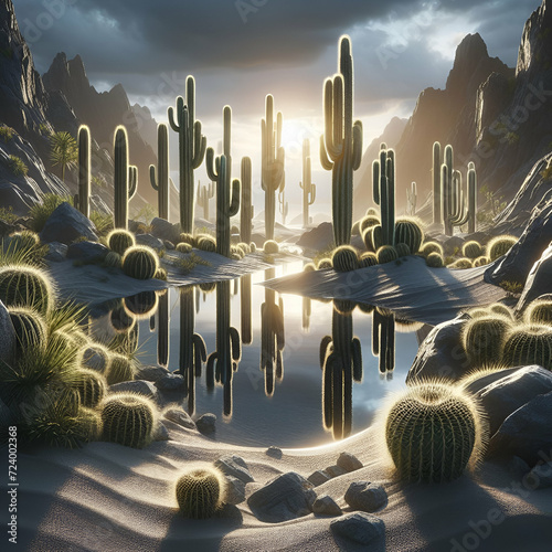 a desert with catus, cacti photo