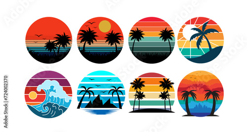 SUN Vintage with palm tree , colorful retro Circle Illustrations, Perfect for sticker, logo, icon, t-shirt, Abstract ocean view background, great set collection clip art Silhouette V2.