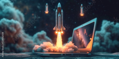 Space Rocket Launching from Laptop Concept.