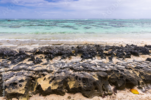 Sharp rocks at the coast of La Digue island, Anse Union